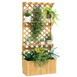 Outsunny Garten-Bett aus Tannenholz mit Rankgitter und Regalen, bepflanzt mit Blumen und Pflanzen.