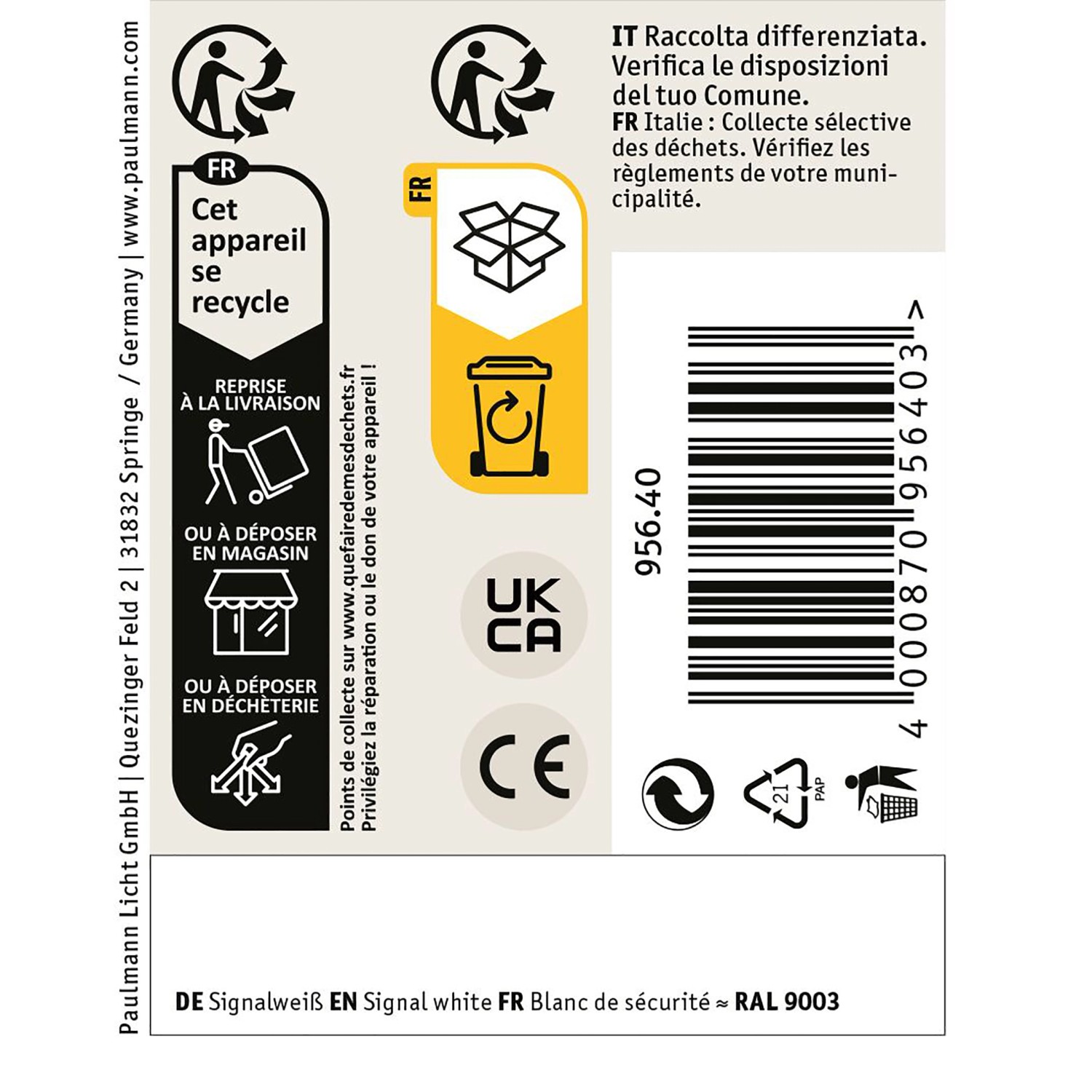 Verpackungshinweise und Recycling-Informationen für Paulmann URail Schiene.