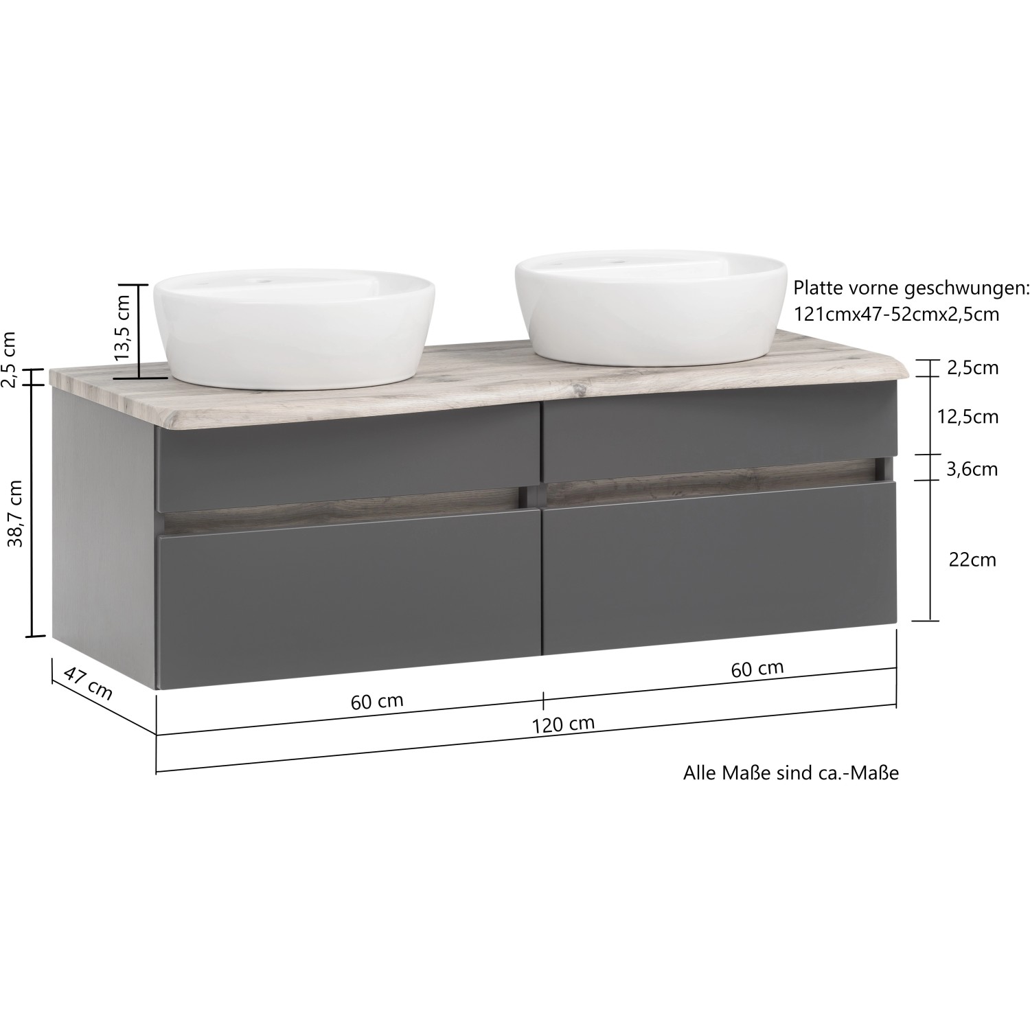 Held Möbel Doppelwaschtisch-Set Trient, 120 cm, grau mit Aufsatzbecken. Badmöbel für Ihr Badezimmer.