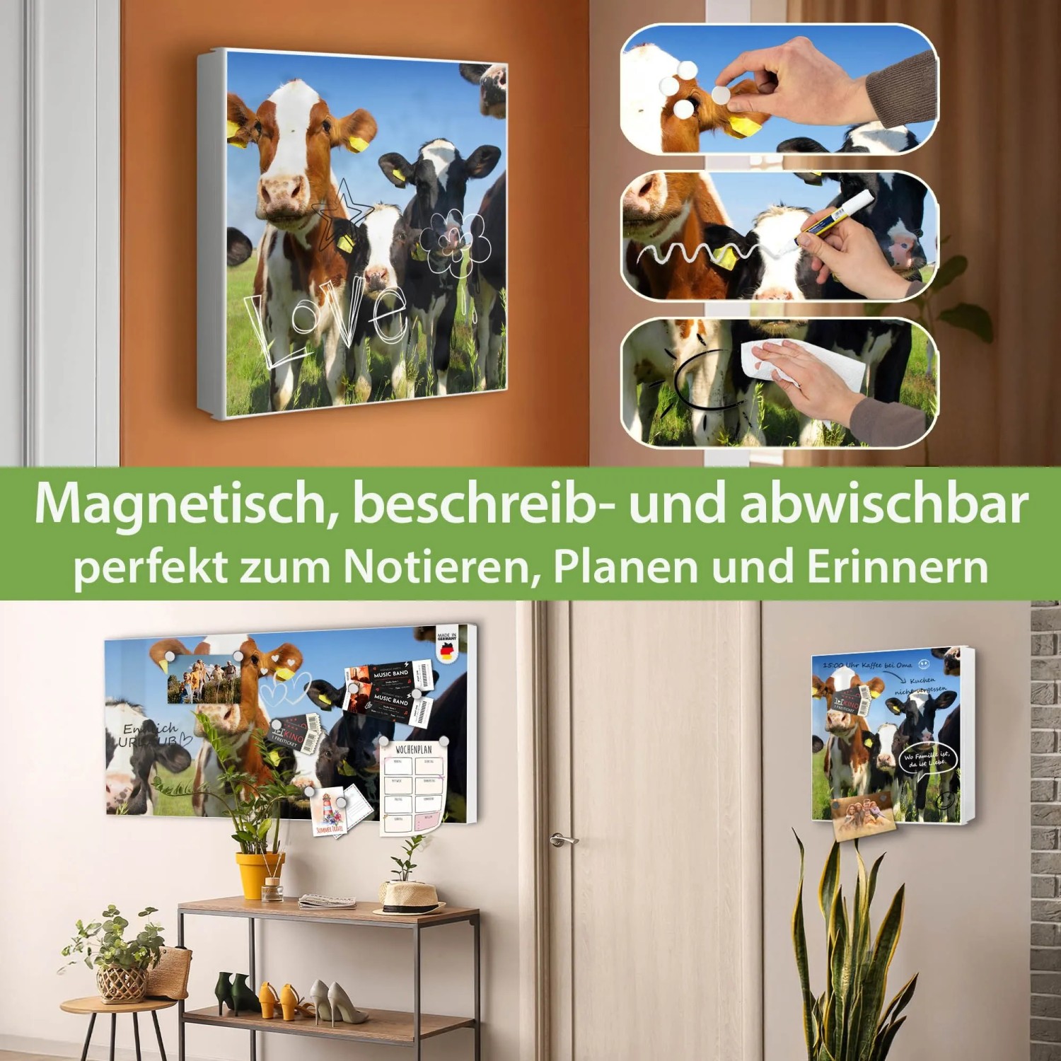 Banjado Großer Schlüsselkasten Metall 30x30cm Weiß Scharnier Links 50 Haken Beschreibbar Magnetisch Motiv Kühe