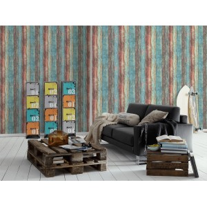A.S. Création Vliestapete Best of Wood´n Stone mit Holzbretter-Optik in Rot, Blau und Braun.