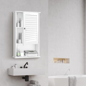 Weißer Hängeschrank mit Lamellentür und offenen Fächern über einem Waschbecken. Praktisches Badregal für Stauraum.