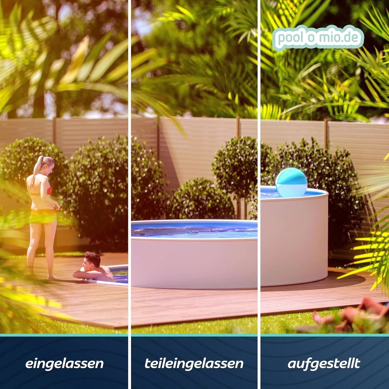 Poolomio Stahlwandpool Set, rund, 360x90 cm, weiß. Aufstell-, Teileinbau- und Einbau-Optionen.