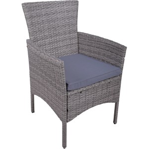 Geflochtener, hellgrauer Sessel aus dem 3-teiligen Balkon-Set Dakota mit grauem Sitzkissen.