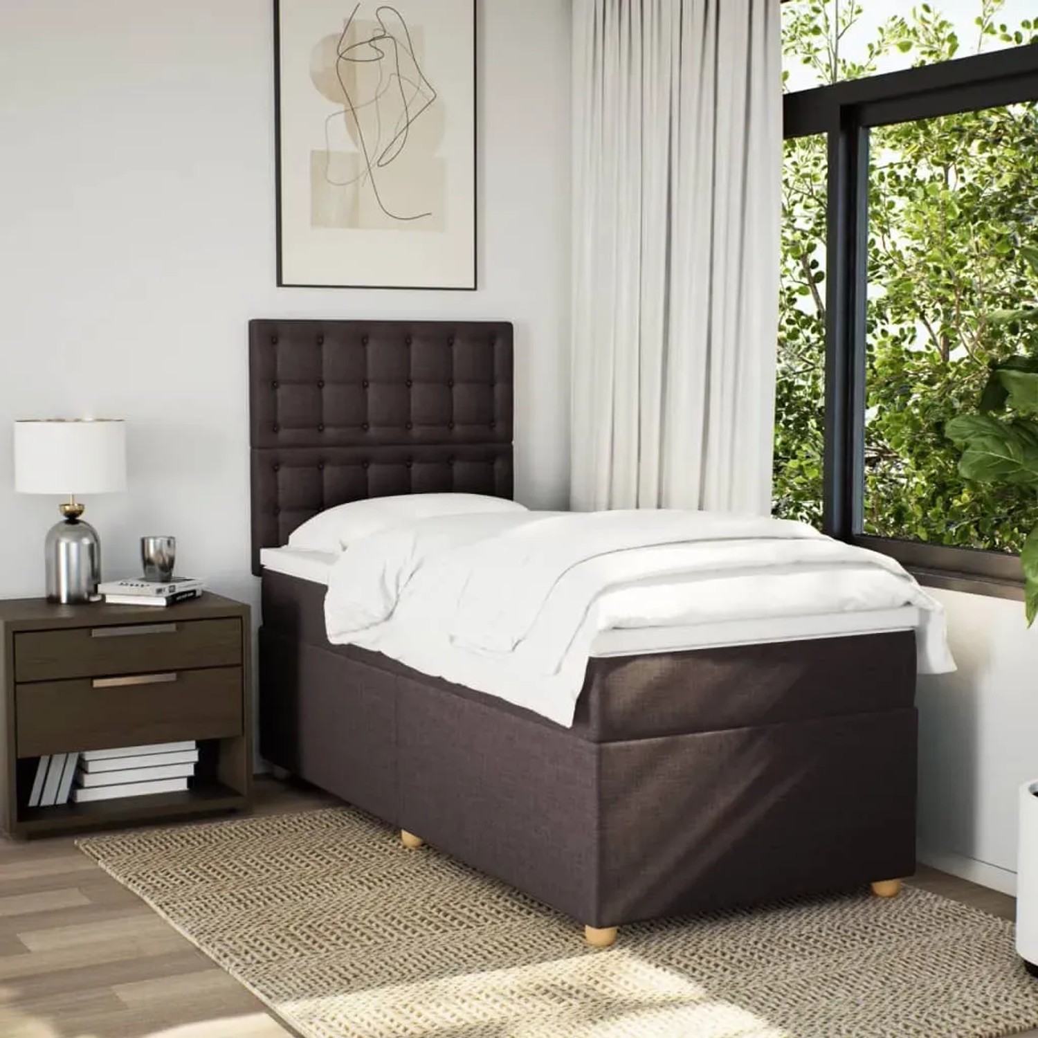 Dunkelbraunes Boxspringbett 90x190 cm mit Matratze und Kopfteil im Schlafzimmer.
