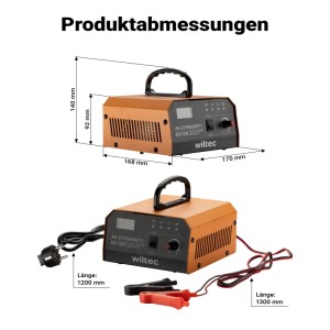 Wiltec 6-12V Batterieladegerät orange/schwarz mit LCD-Display, Tragegriff, Ladekabeln und Klemmen für Kfz.