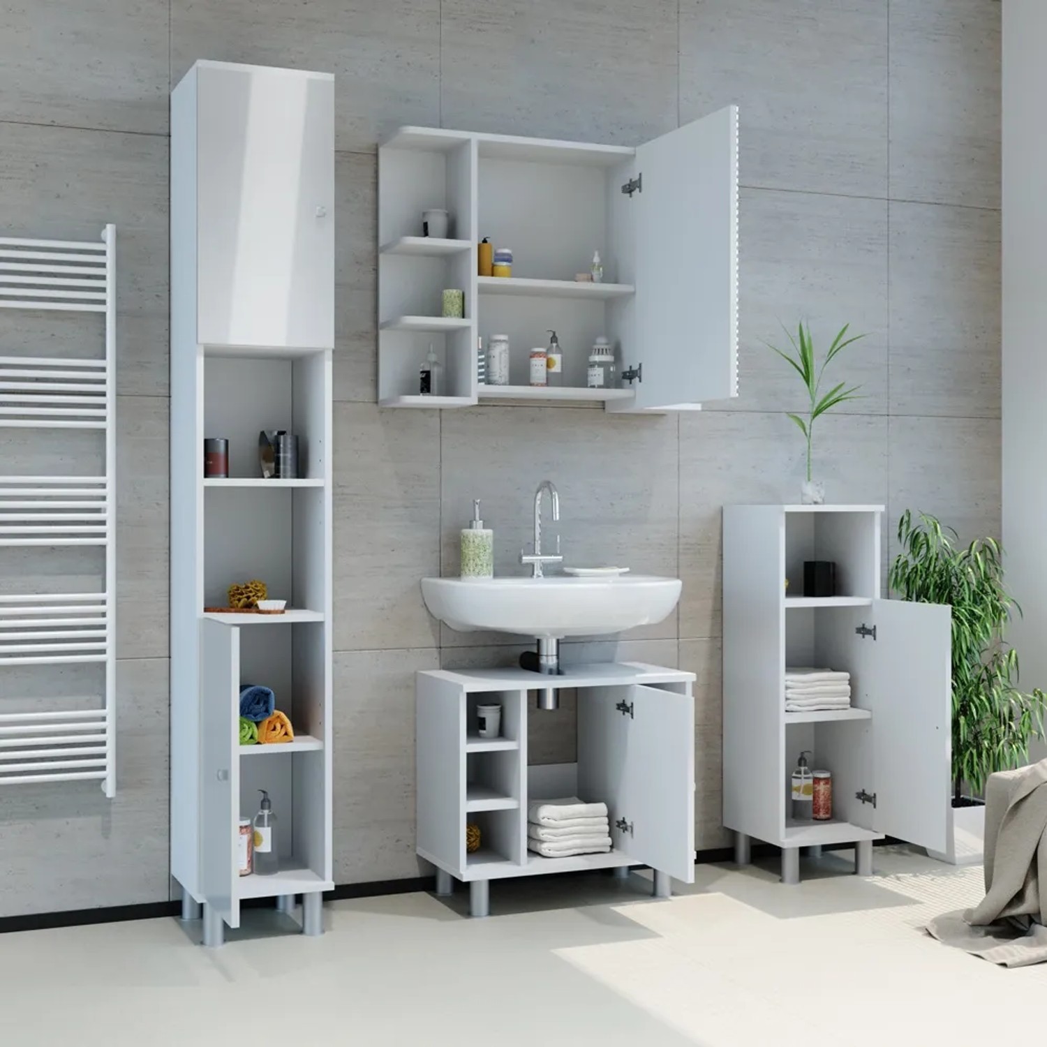 Vicco Badschrank Fynn, weiß hochglanz, 30x190 cm, mit offenen und geschlossenen Fächern für Badartikel.
