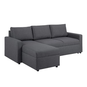 Graues Schlafsofa mit Ottomane, Stauraum und Auszugsfunktion.