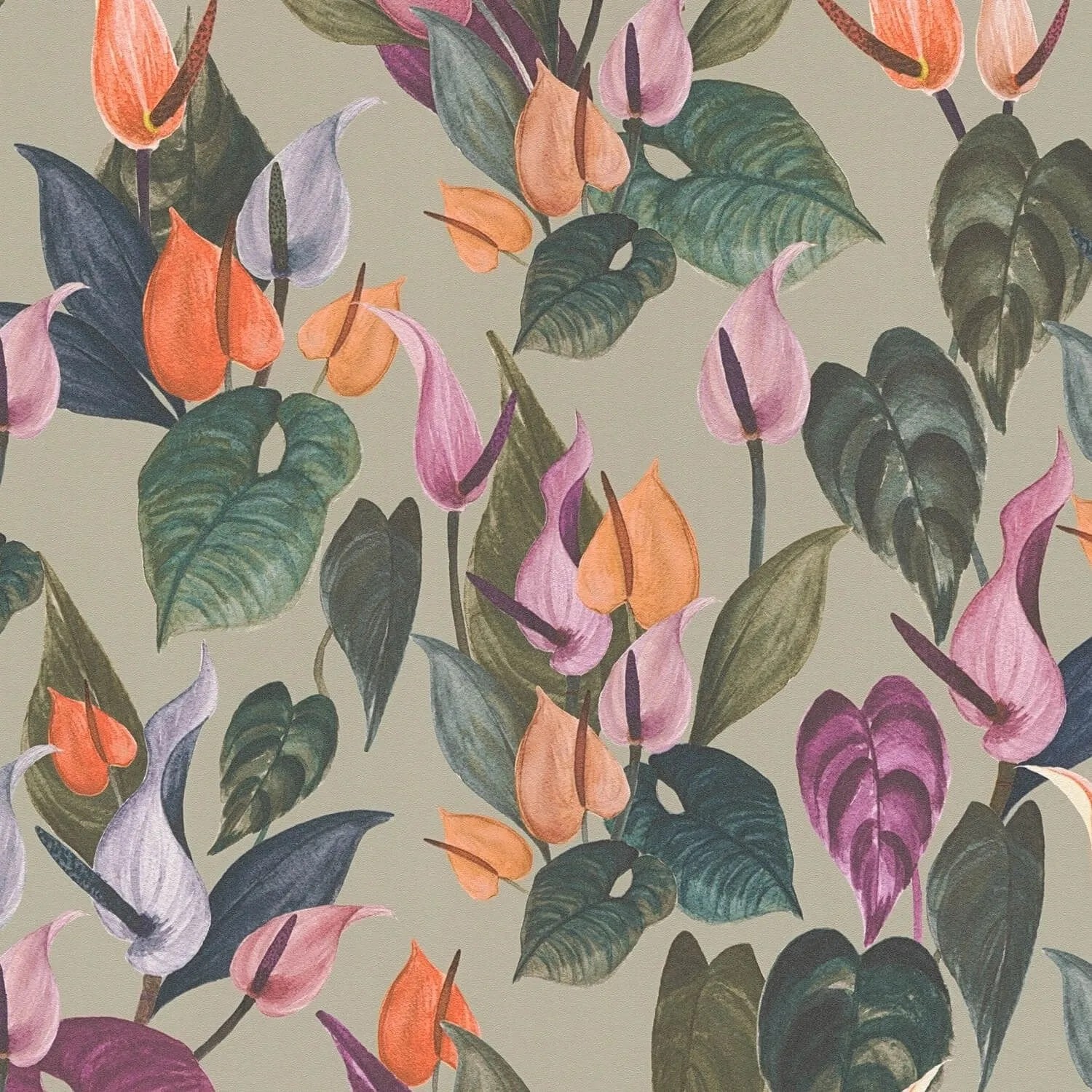 Image of PROFHOME 782102-GU Blumen Tapete Floral Matt Grau Grün Lila Orange-Rot 0,53 m x 10,05 m 5,33 m2
