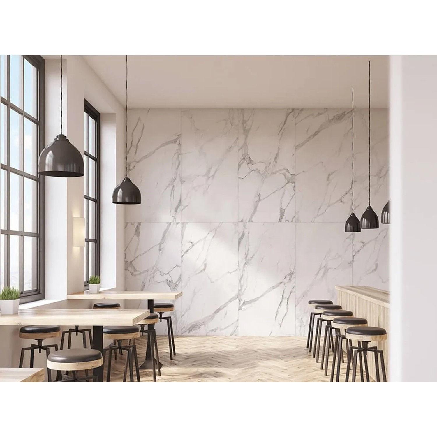 Heller Raum mit Bodenfliese Statuario Classic Feinsteinzeug in Marmoroptik als Boden- und Wandbelag.