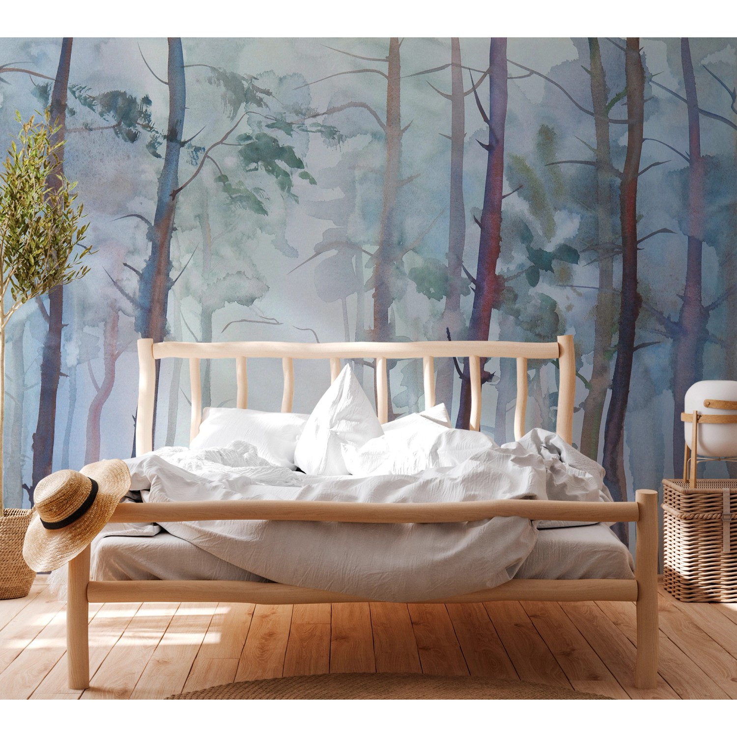 Fototapete Wald Aquarell in Blau und Grün hinter einem Bett, 3,50x2,55m