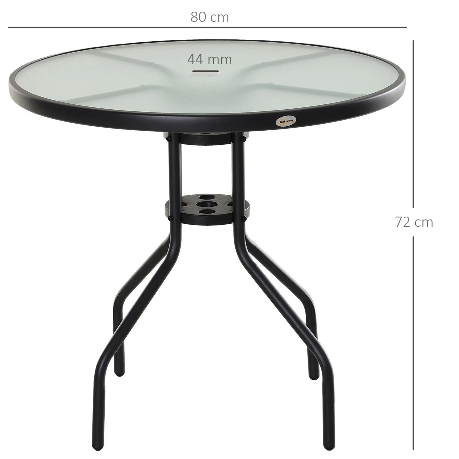 Runder Outsunny Gartentisch mit Glasplatte und Schirmloch (38mm Durchmesser).