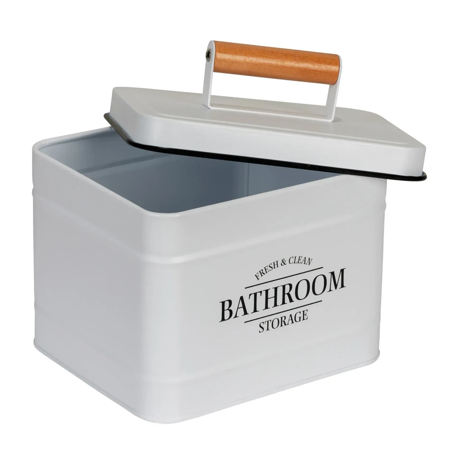 Weiße Wenko Badbox Pali mit Deckel und Bambusgriff für Badutensilien.