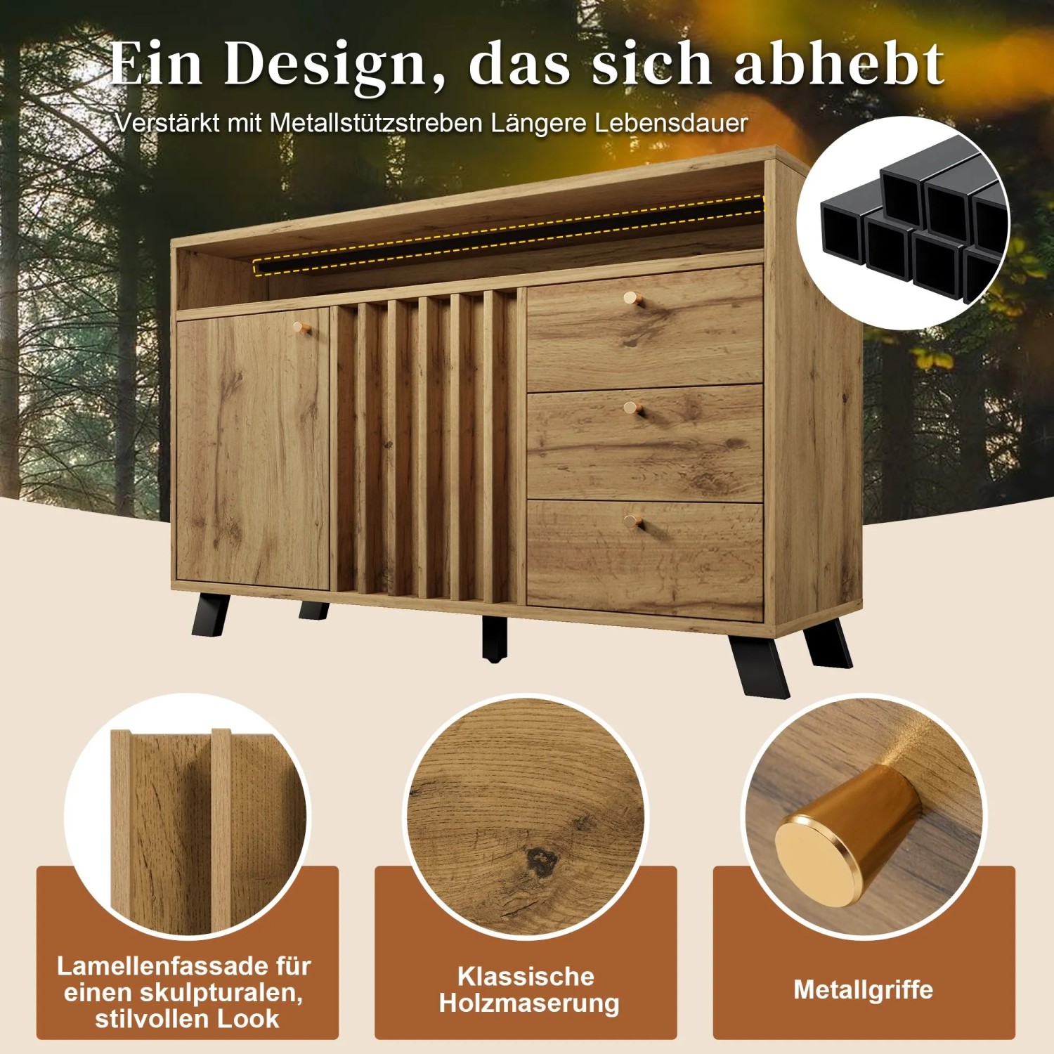 Merax Sideboard 120x40x85cm Lamellenfront Eiche_8