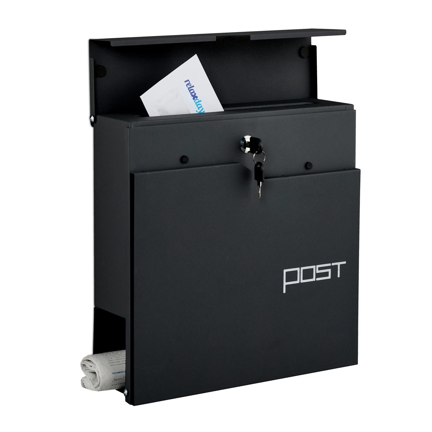 Relaxdays Wandbriefkasten Eisen Schwarz Abschließbar mit Zeitungsfach 38 cm x 37 cm x 12 cm 3,5 kg