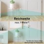 Weiße Oktaplex Sia Steckdose mit Bewegungsmelder visualisiert Sensorreichweite von max. 9m im Raum für automatische Steuerung.