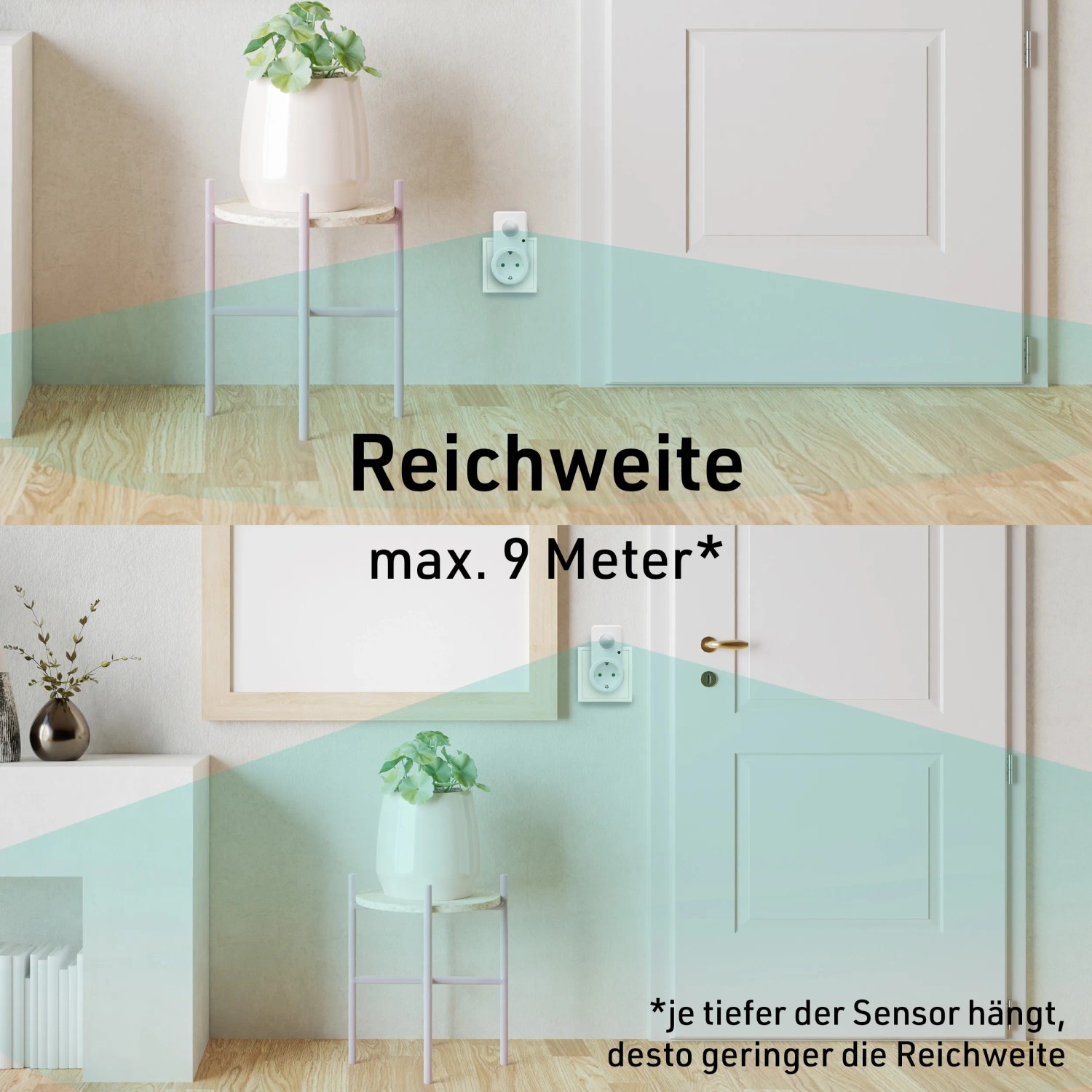 Weiße Oktaplex Sia Steckdose mit Bewegungsmelder visualisiert Sensorreichweite von max. 9m im Raum für automatische Steuerung.