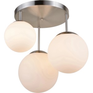 Moderne Globo Deckenleuchte JOEL mit drei opalweißen Glaskugeln und Nickel matt Finish.