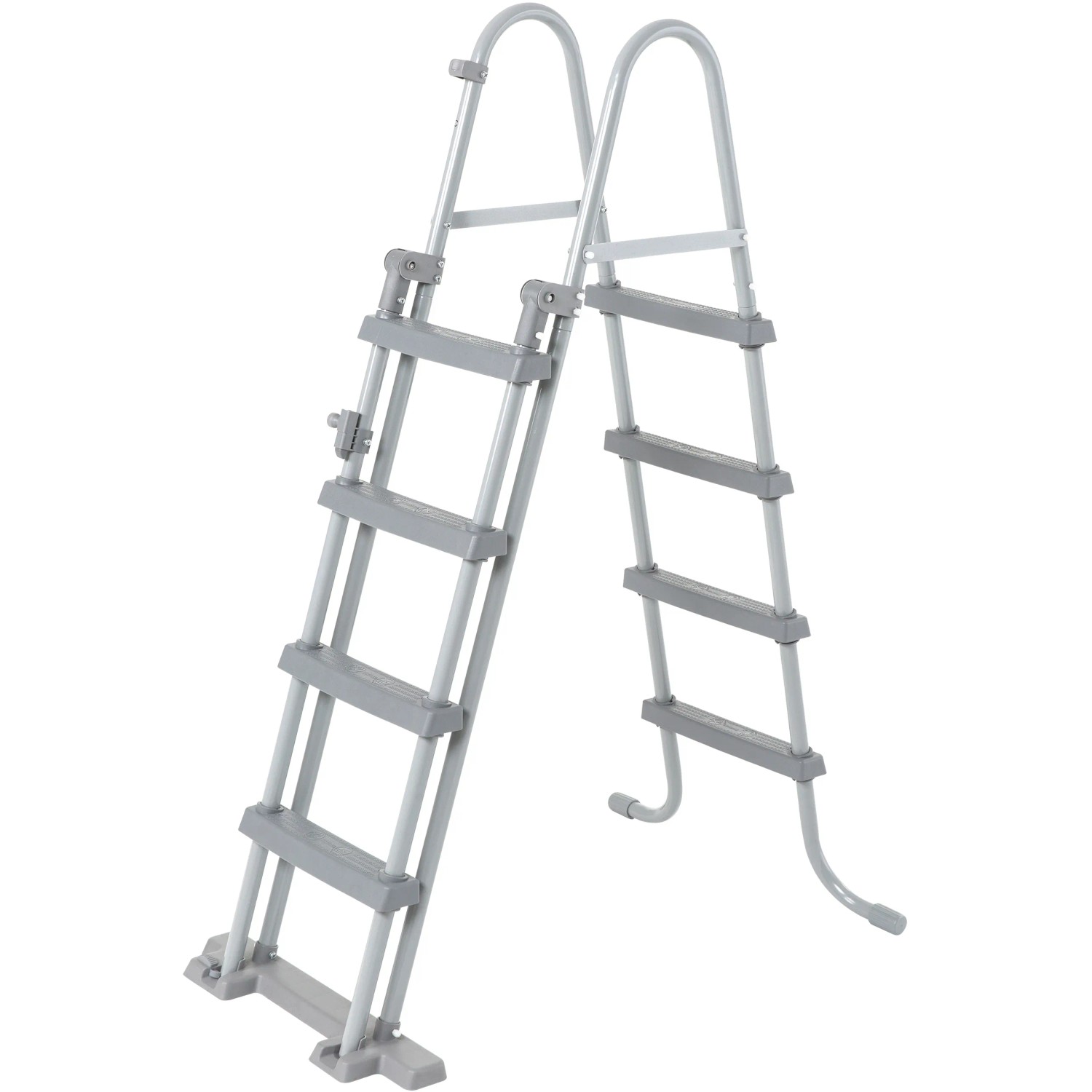 Graue Sicherheitsleiter für Bestway Hydrium Stahlwandpool Set, mit vier Stufen und Handlauf.