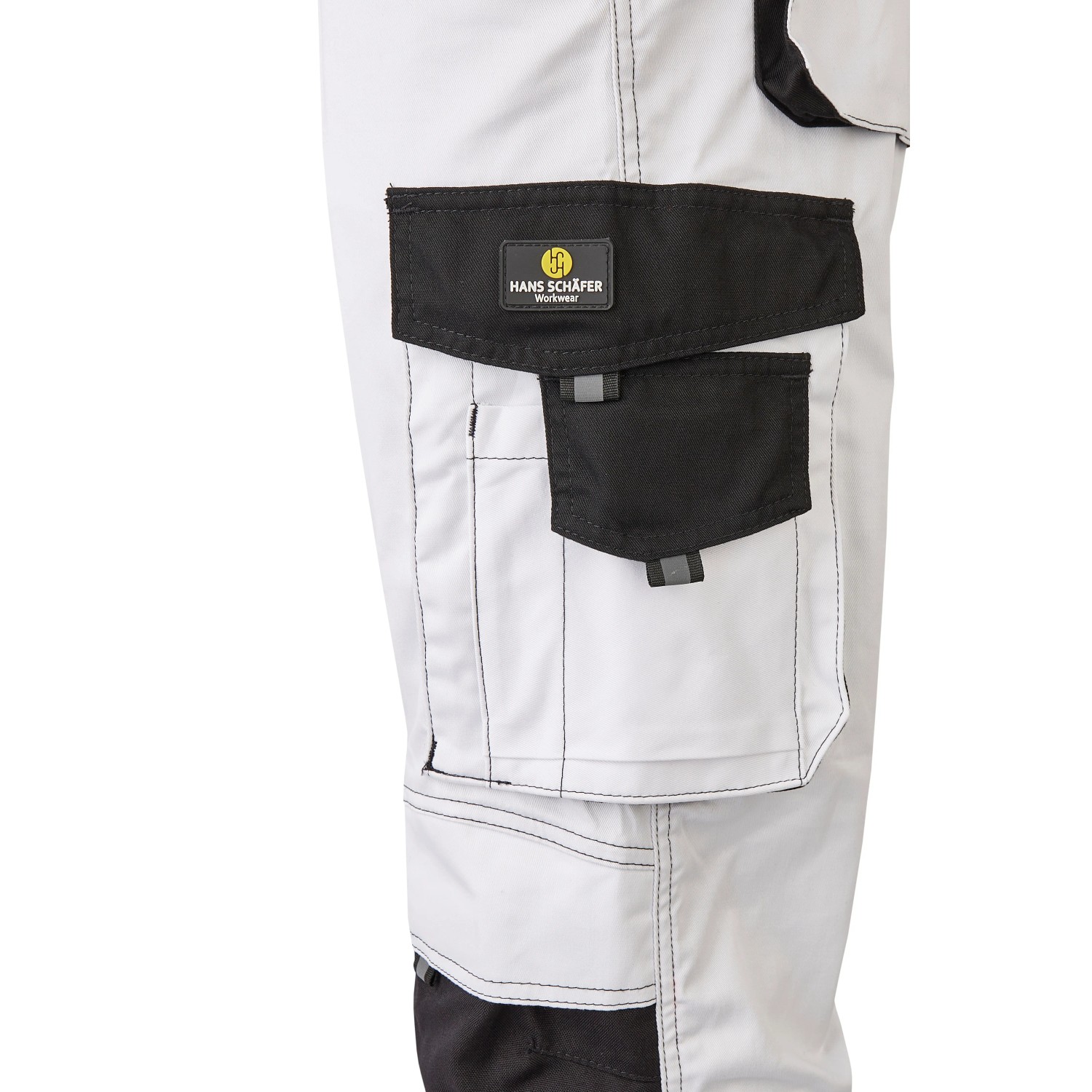 Hans Schäfer Arbeitslatzhose Ares, Gr. 50, weiß-schwarz, Detailansicht der Taschen.
