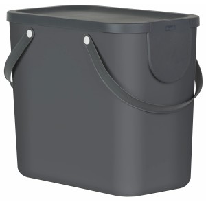 Anthrazitfarbener Rotho Mülleimer Albula, 25 l, mit Deckel und Tragegriffen.