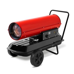EBERTH Heizkanone 20kW: Rotes Heizgebläse mit Rädern und schwarzem Tank. Ideal für Bau und Landwirtschaft.