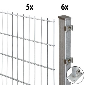 Verzinktes Doppelstabmatten-Set: Gittermatte und Zaunpfosten mit Bodenplatte. Ideal für 80 cm hohe Gartenzäune.