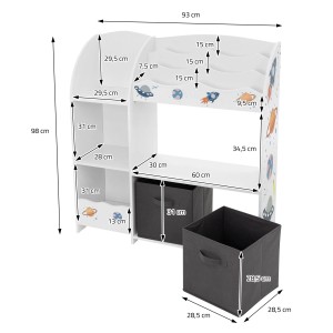 Weißes Joyz Kinderregal mit Weltraum-Motiv, 93x30x98 cm, mit 8 Fächern und 2 Stoffboxen.