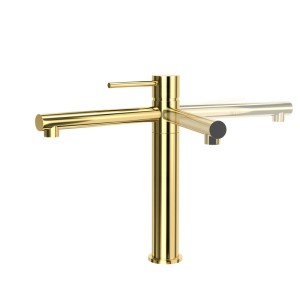 Goldene KOLMAN LUGO Küchenarmatur mit Einhebelmischer und schwenkbarem Auslauf für Standmontage.