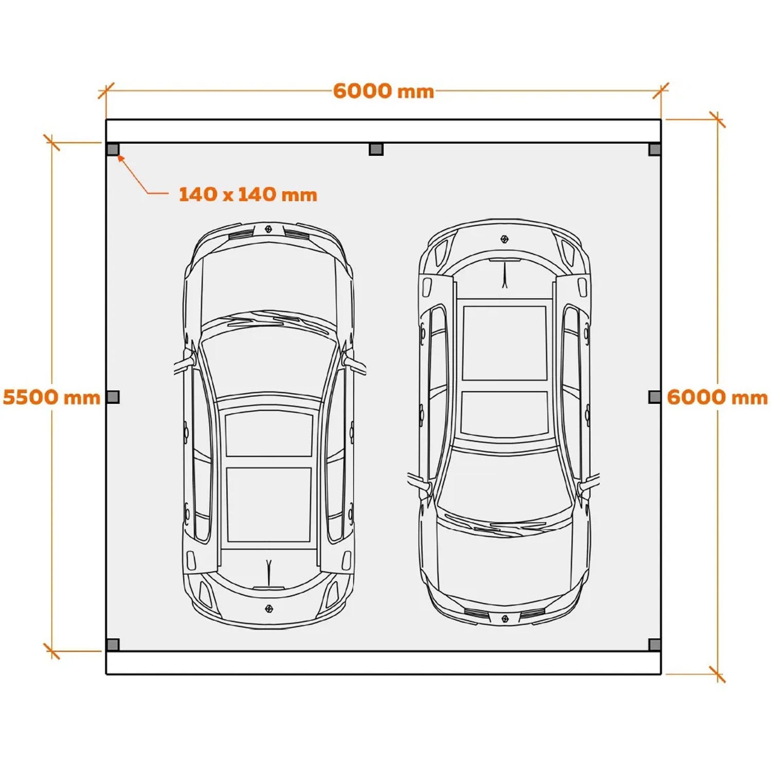 Skizze Holzbrüder Doppelcarport Ralf, reinweiß, 600x600cm, mit zwei Autos. Abmessungen sind eingezeichnet.