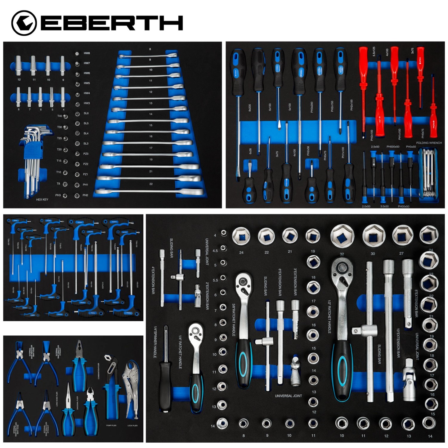 EBERTH Werkstattwagen: 167-teiliges Werkzeugsortiment in 5 Schubladen, hellblau.