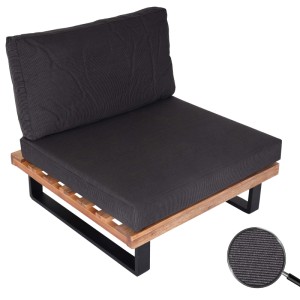 MCW Lounge-Sessel H54: hellbraunes Akazienholzgestell, schwarze Metallbeine, dunkelgraue Polster.