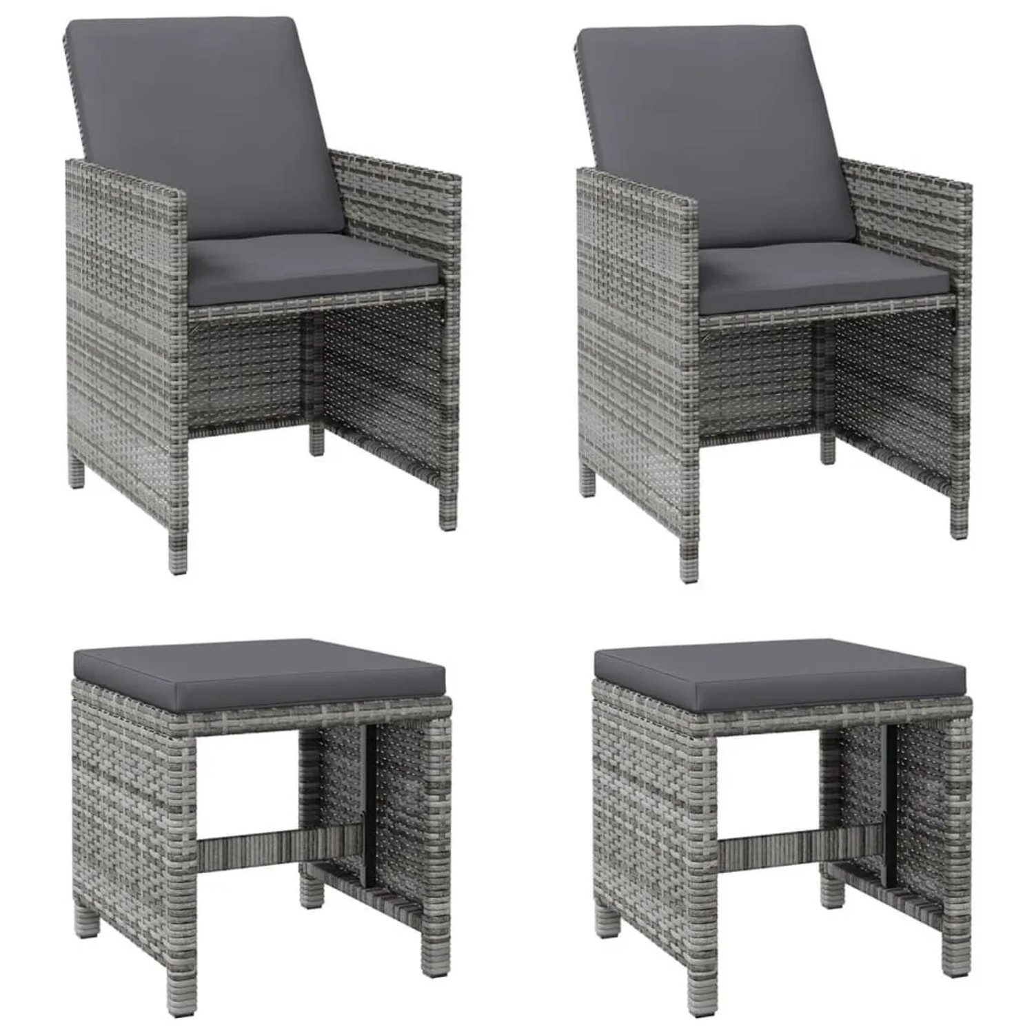 Furnicato 4-tlg Gartenstuhl- Und Hocker-set Aus Poly Rattan Mit Kissen 52x56x85 Cm Stuhl 41x41x35 Cm Hocker Grau
