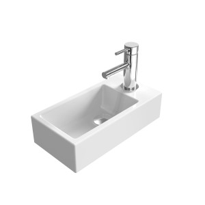 Weißes Emke Handwaschbecken mit Armatur, rechteckig, Hahnloch rechts.