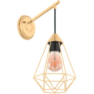 Moderne Wandleuchte Tarbes von Eglo, 1-flammig, Messing gebürstet, mit Drahtschirm in Diamantform.