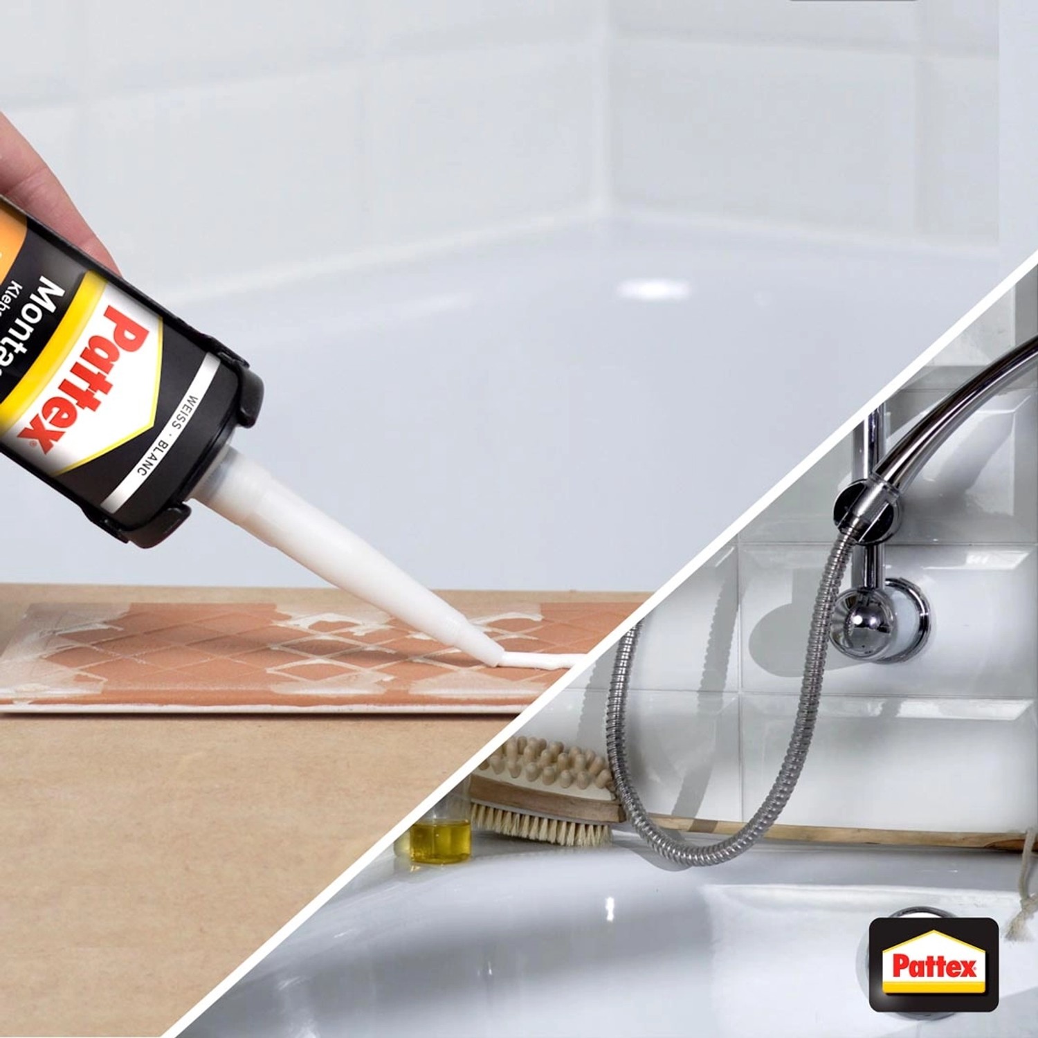 Pattex Montagekleber beim Verfugen von Fliesen im Bad. Stark haftender Alleskleber.