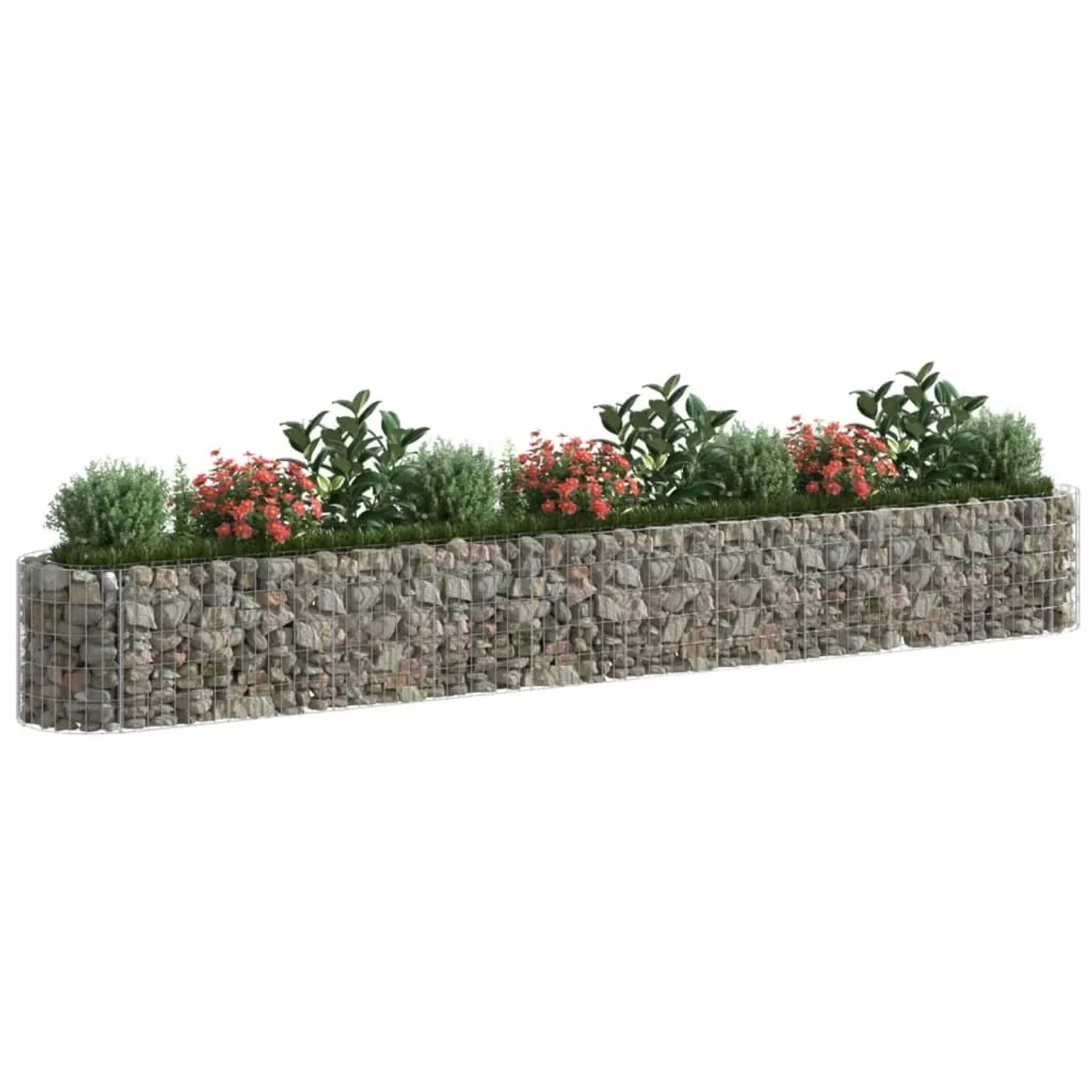 Langes Gabionen-Hochbeet aus verzinktem Eisen, gefüllt mit Steinen und bepflanzt mit Büschen und Blumen.