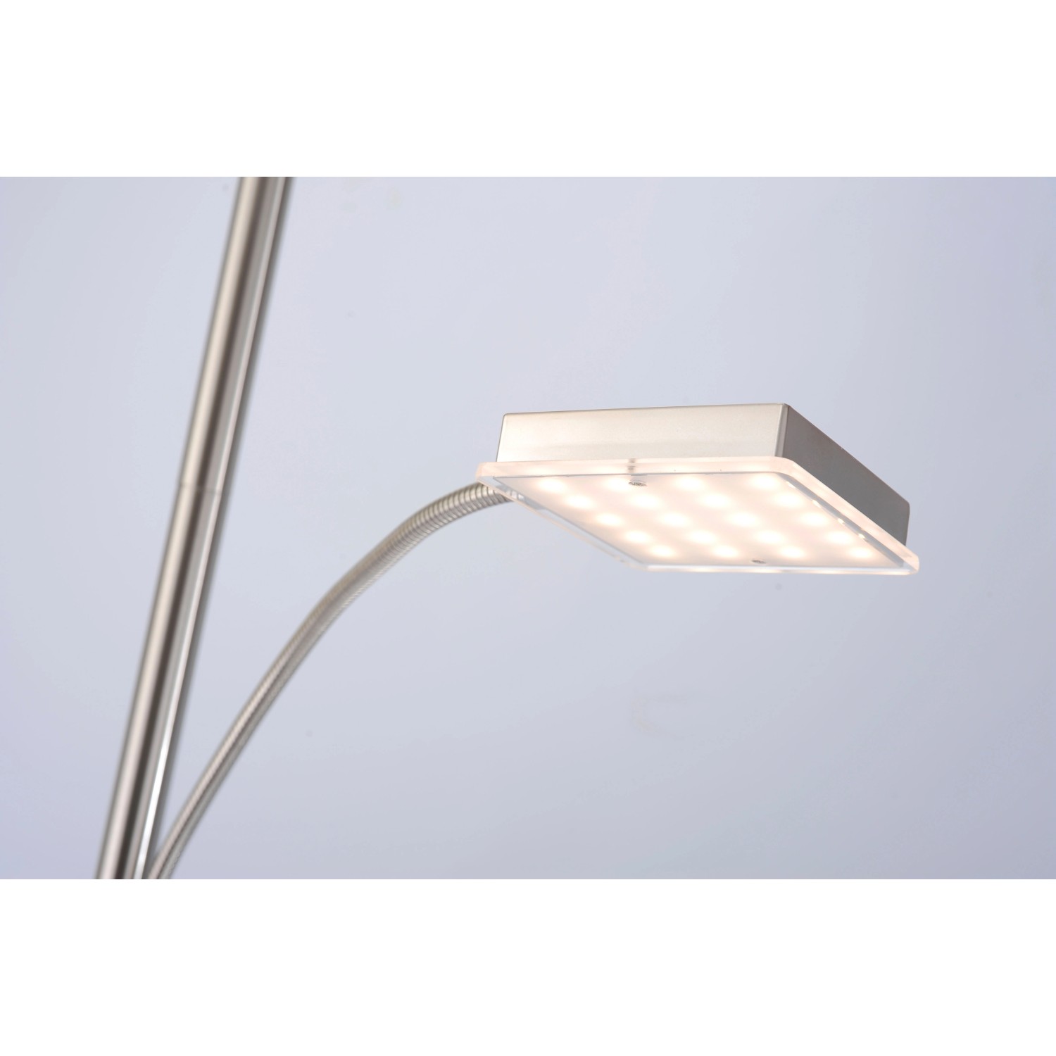 Moderne LED-Stehleuchte Hans Stahl mit Lesearm, höhenverstellbar (183-190cm).