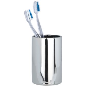 Wenko Zahnputzbecher Polaris Chrome mit zwei Zahnbürsten.