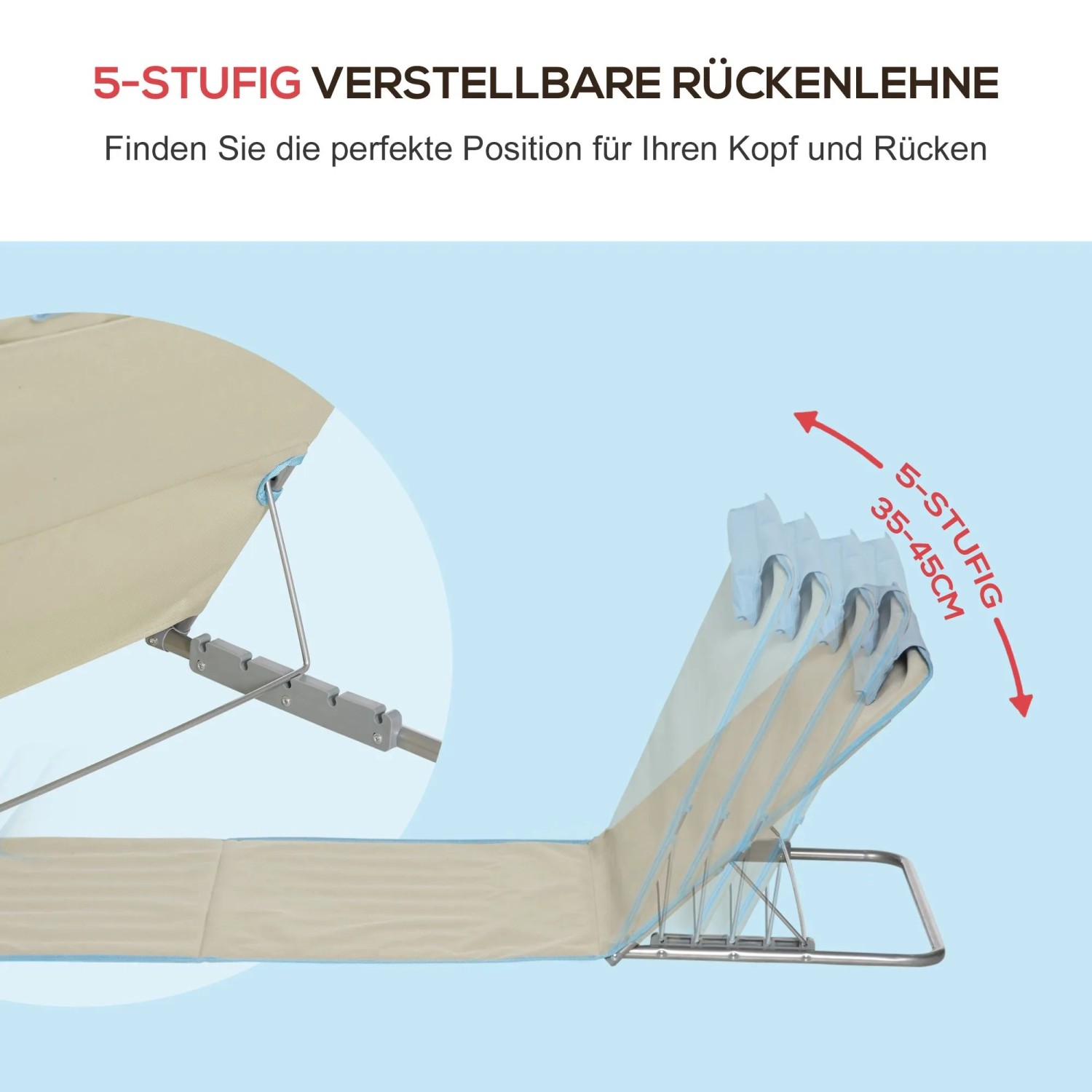 Furnicato Strandmatte, beige, mit 5-fach verstellbarer Rückenlehne und Stahlrahmen.