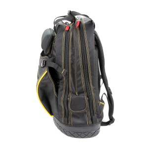 Cat Werkzeugrucksack 45cm Professional in Schwarz-Gold, seitliche Ansicht. Arbeitsrucksack mit Fächern und Tragegurten.