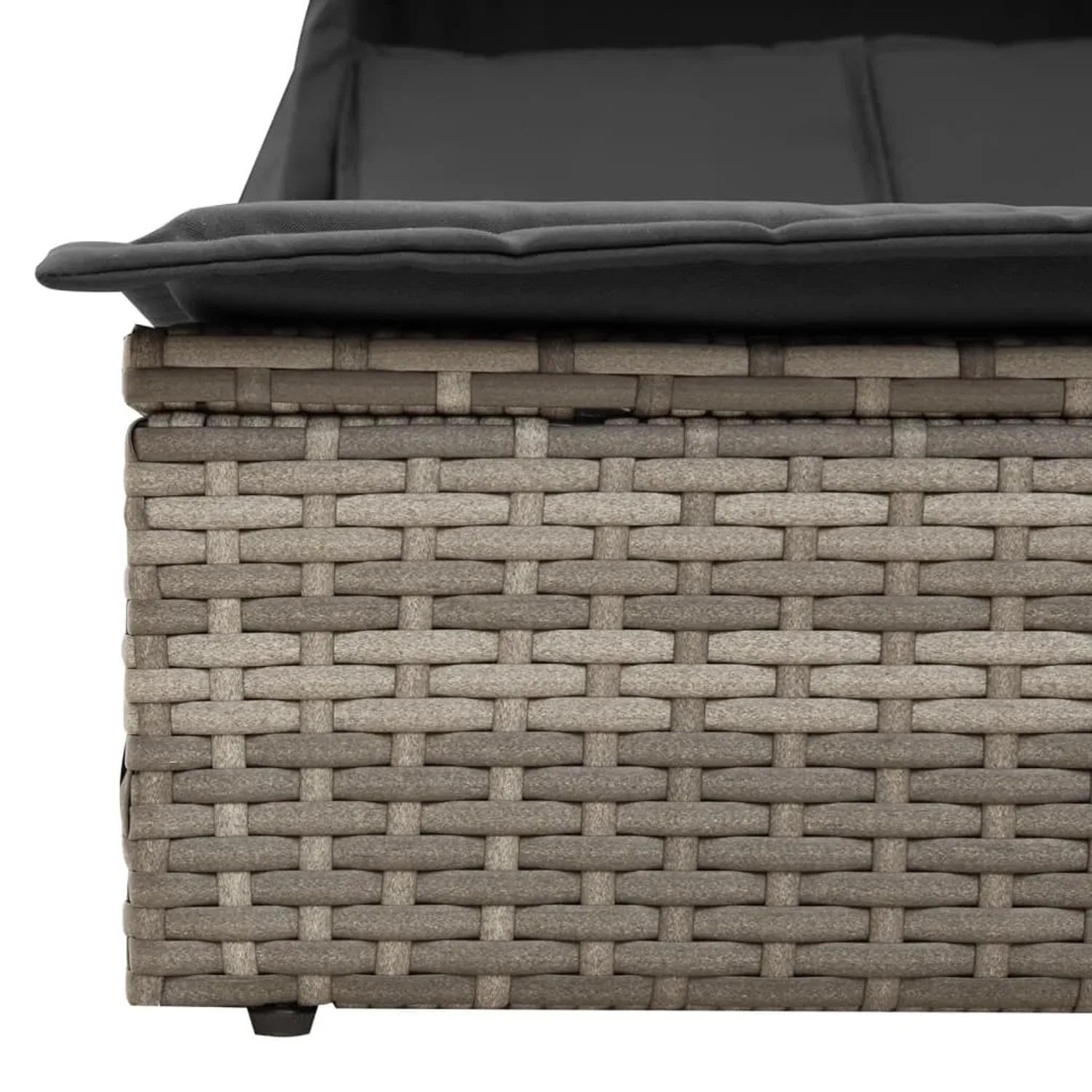 Detailaufnahme: Graue vidaXL Doppel-Sonnenliege aus Rattan mit Dach und Auflagen.