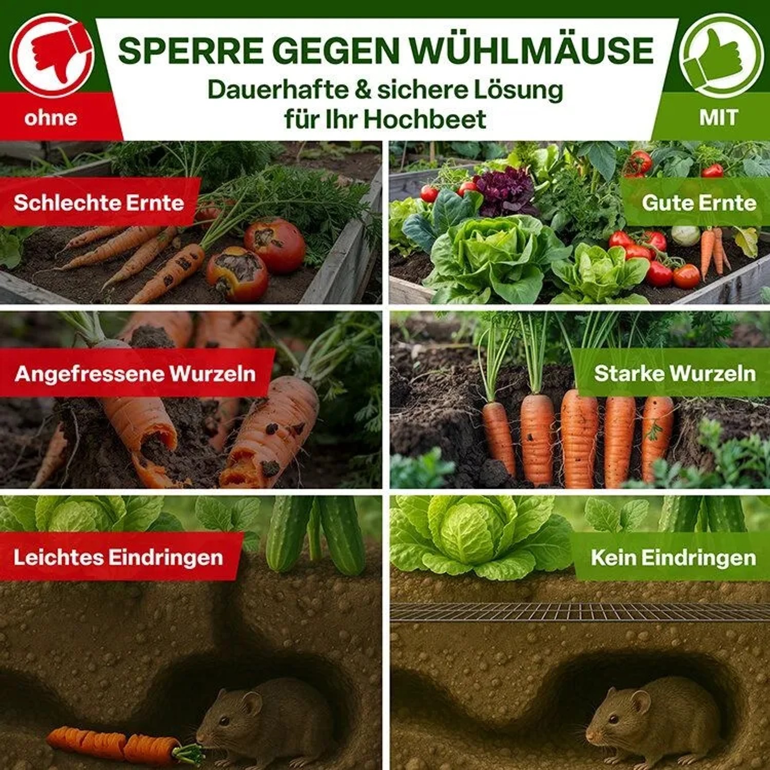 Wühlmausgitter-Effekt: Vergleich von Ernte mit/ohne Schutz vor Wühlmäusen.