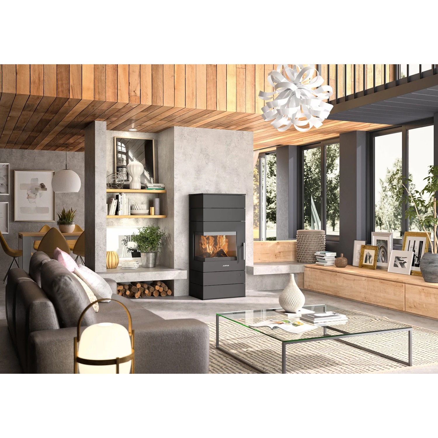 Justus Voga W+ Kaminofen, Stahl schwarz, 6,5 kW im modernen Wohnzimmer.