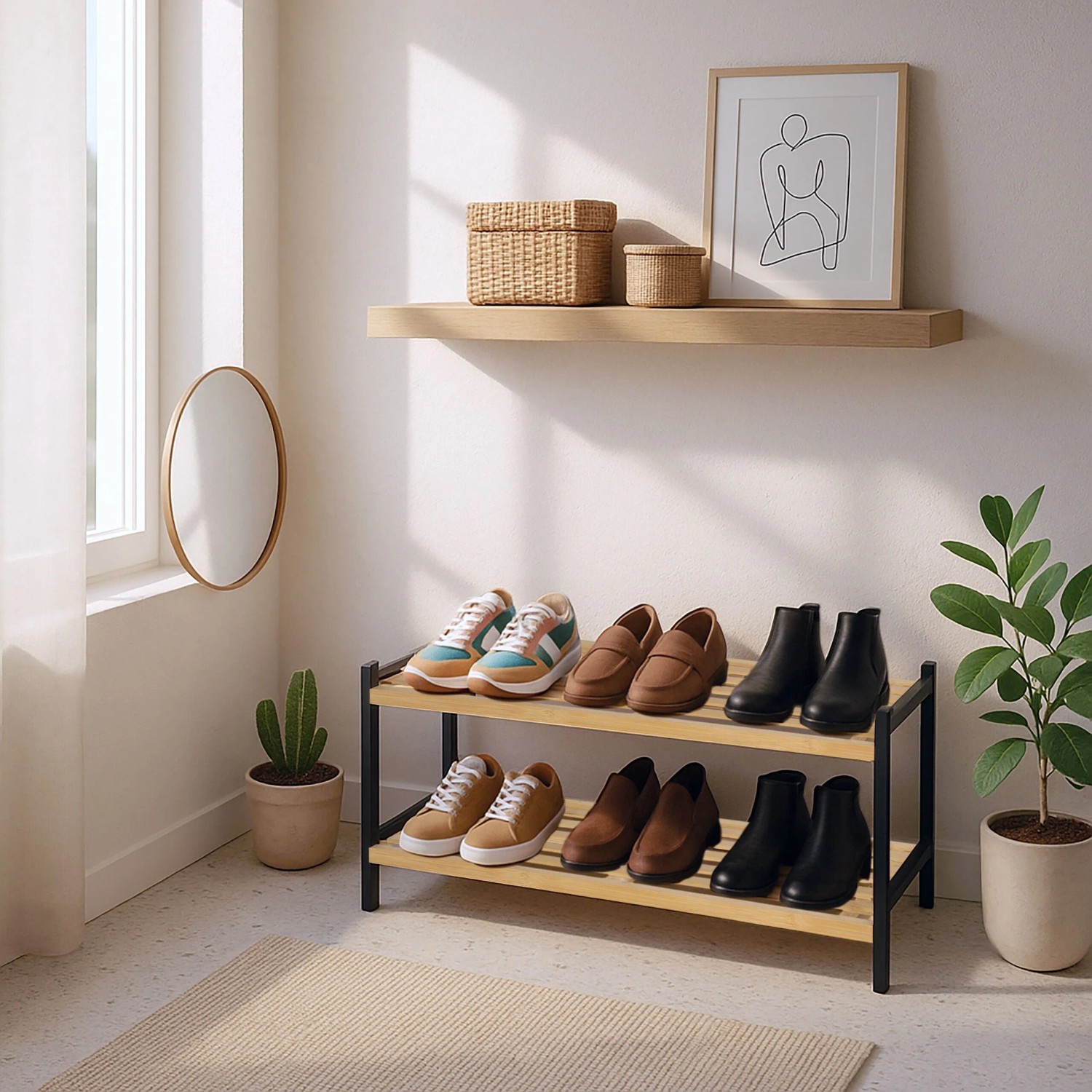 Relaxdays Schuhregal Bambus Natur Schwarz 2 Ebenen 33 cm x 70 cm x 26 cm 1,9 kg_3