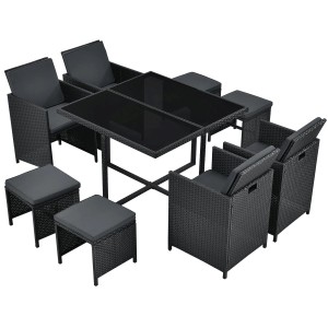 Schwarze 9-teilige Polyrattan Essgruppe Baracoa L mit Tisch und Sitzkissen.