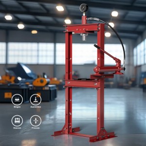 Rote Wiltec 12T Hydraulikpresse mit Manometer. Robuste Stahlkonstruktion für Biegen, Pressen, Stanzen in der Werkstatt.