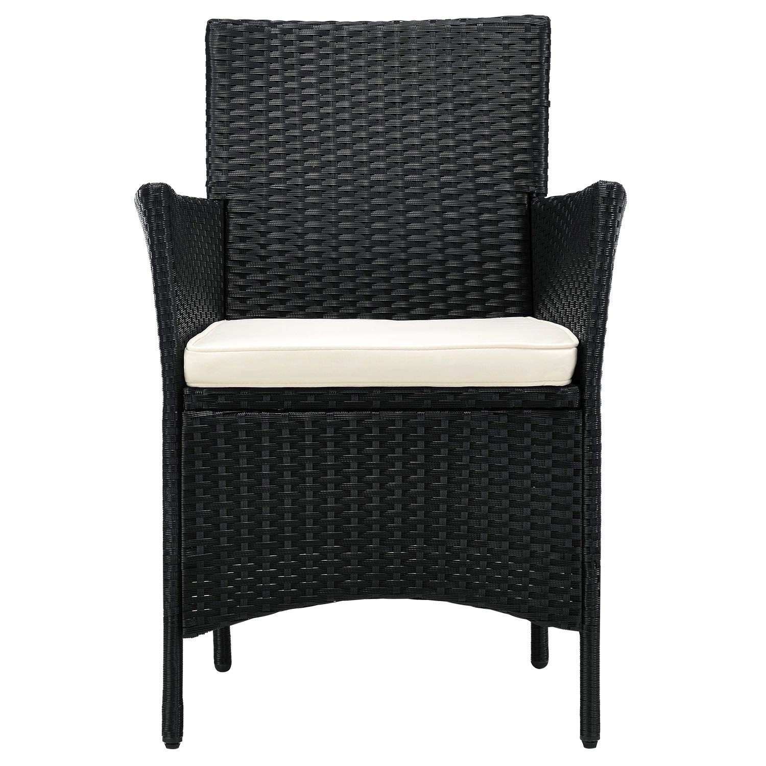 Schwarzer Polyrattan Gartenstuhl mit beigem Sitzkissen, Teil des Balkon Sets Bayamo.