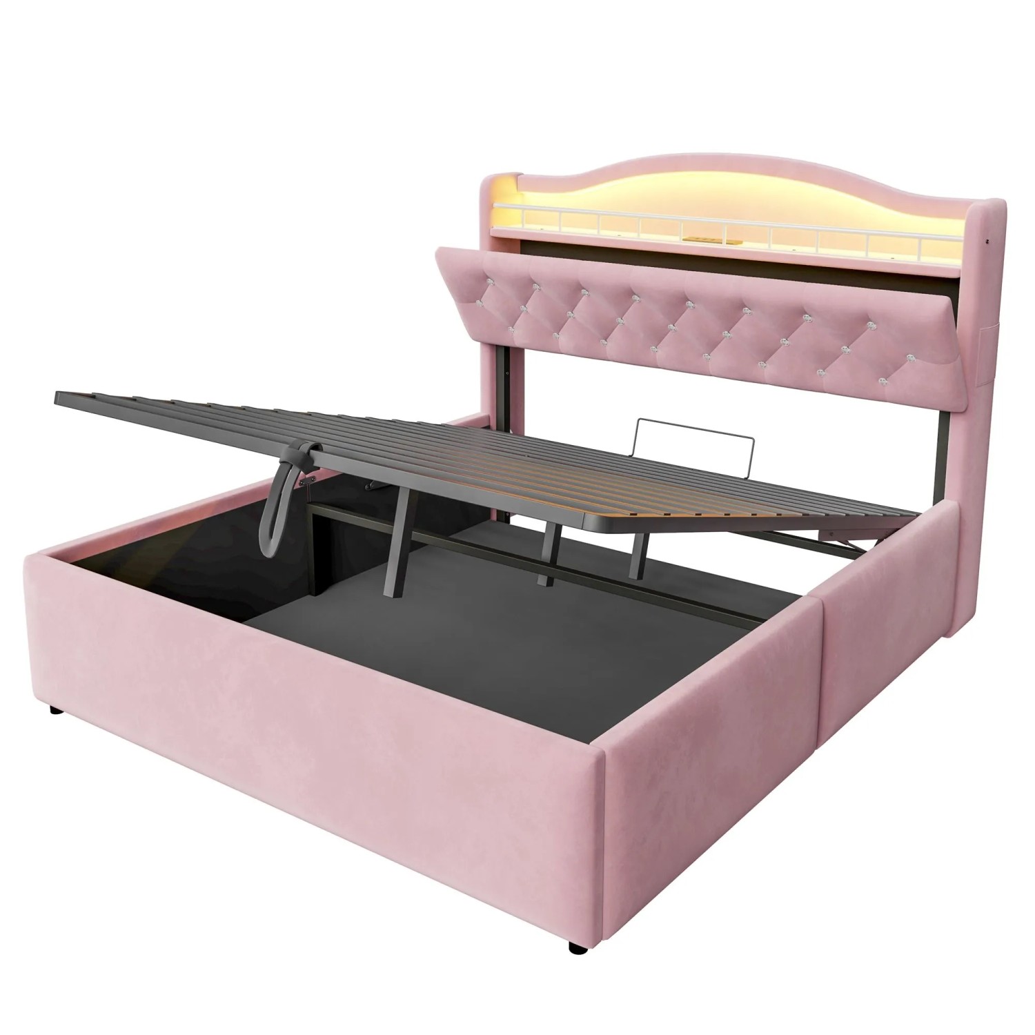 Merax Polsterbett 140x200cm LED USB Hydraulik Rosa