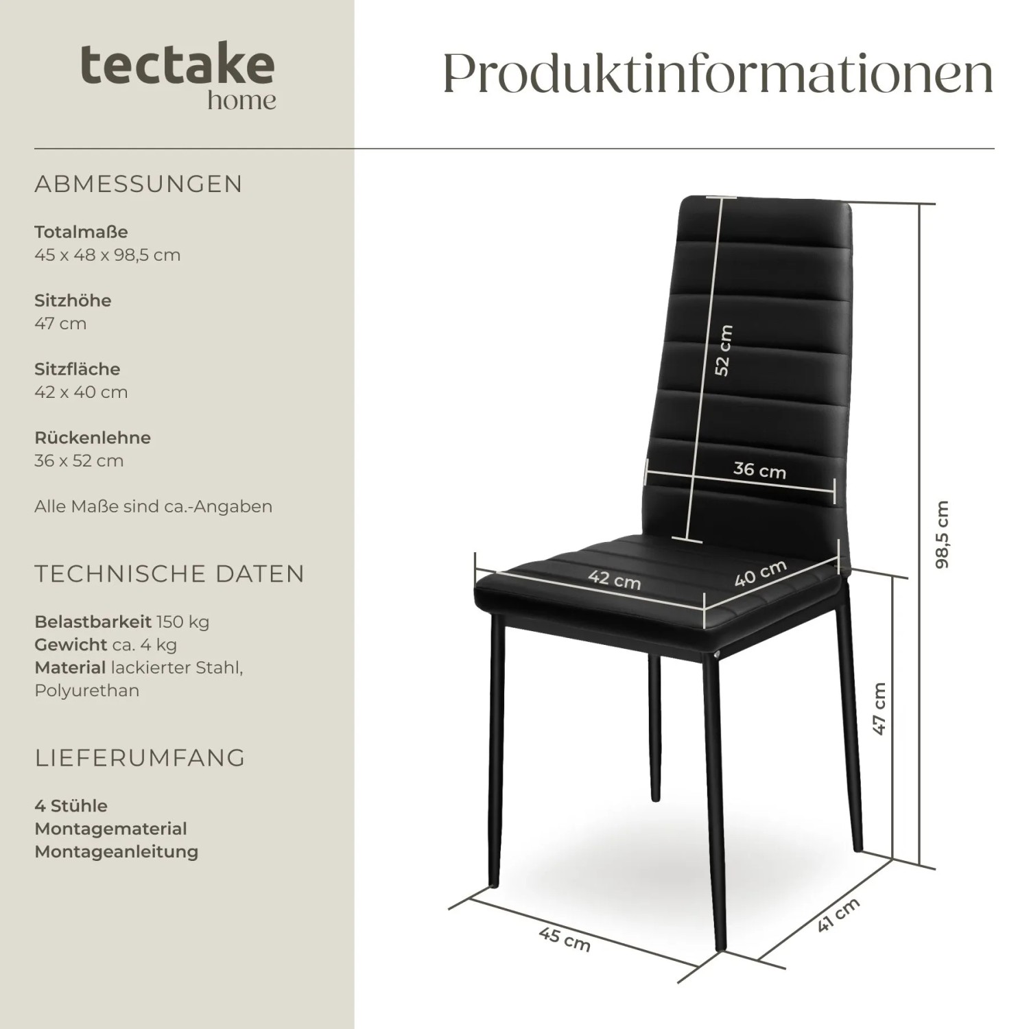 Tectake Esszimmerstuhl Thomas, 4er Set, schwarz, mit hoher Rückenlehne und Kunstlederbezug.